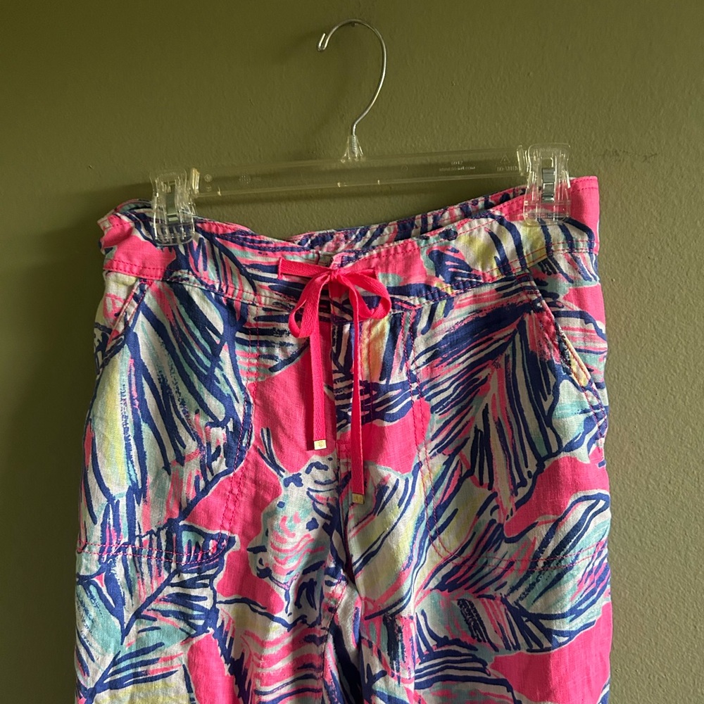 Lilly Pulitzer Linen Floral Print Drawstring Flare Pants Sz 4 - Picture 7 of 11